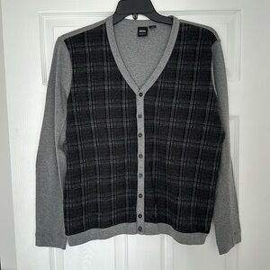 BOSS Hugo Boss plaid cardigan cotton Men’s Size Large elbow patches